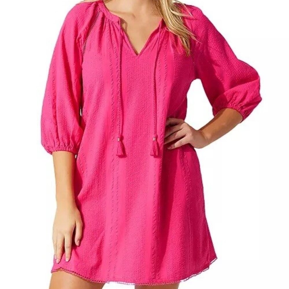 Tommy Bahama Tassel Seersucker Cover-Up Dress Passion Pink Women's‎ Sz L B46
